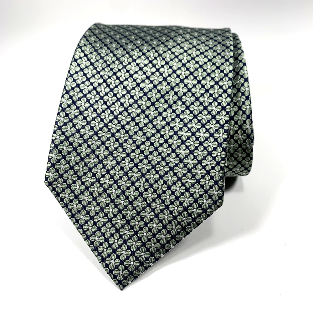 Jos A Bank Mens Luxury Tie Navy w Green-White Clover Foulard 100% Repp Irish XL